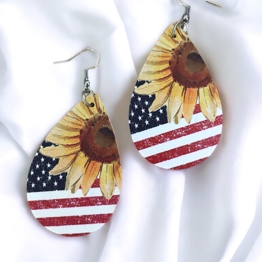 Faux Leather Tear Drop Dangle Sunflower Americana Earrings Patriotic - Picture 2 of 3